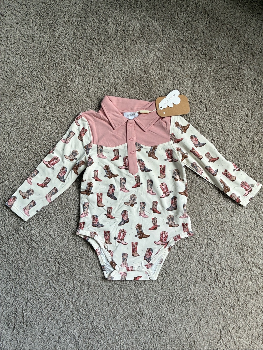 Angel Dear Pink & Cream Cowboy Boot Bamboo Polo Onesie Top for Kids NWT
